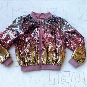H&M Girls Sequin Bomber Jacket – Pink & Gold Ombre Sparkle (Size 7–8Y)